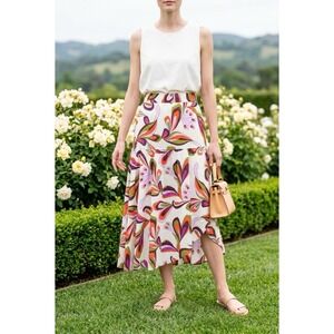 Setre Women's Flare Mid Skirt Tropical Elastic Waist Pockets, Slit Front